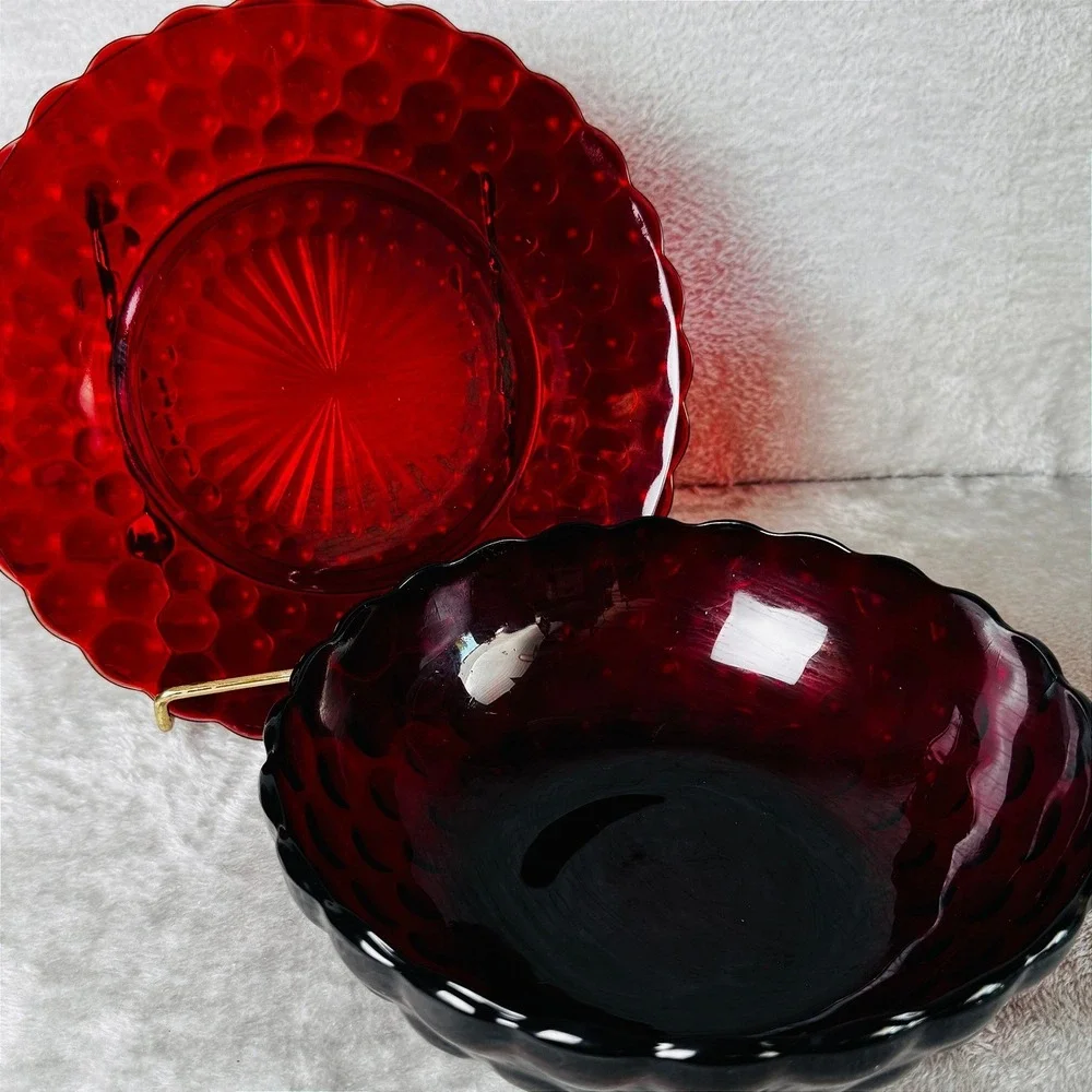 Anchor Hocking Ruby Red Glass Serving Bowl Plate Set Bubble Scalloped Vintage